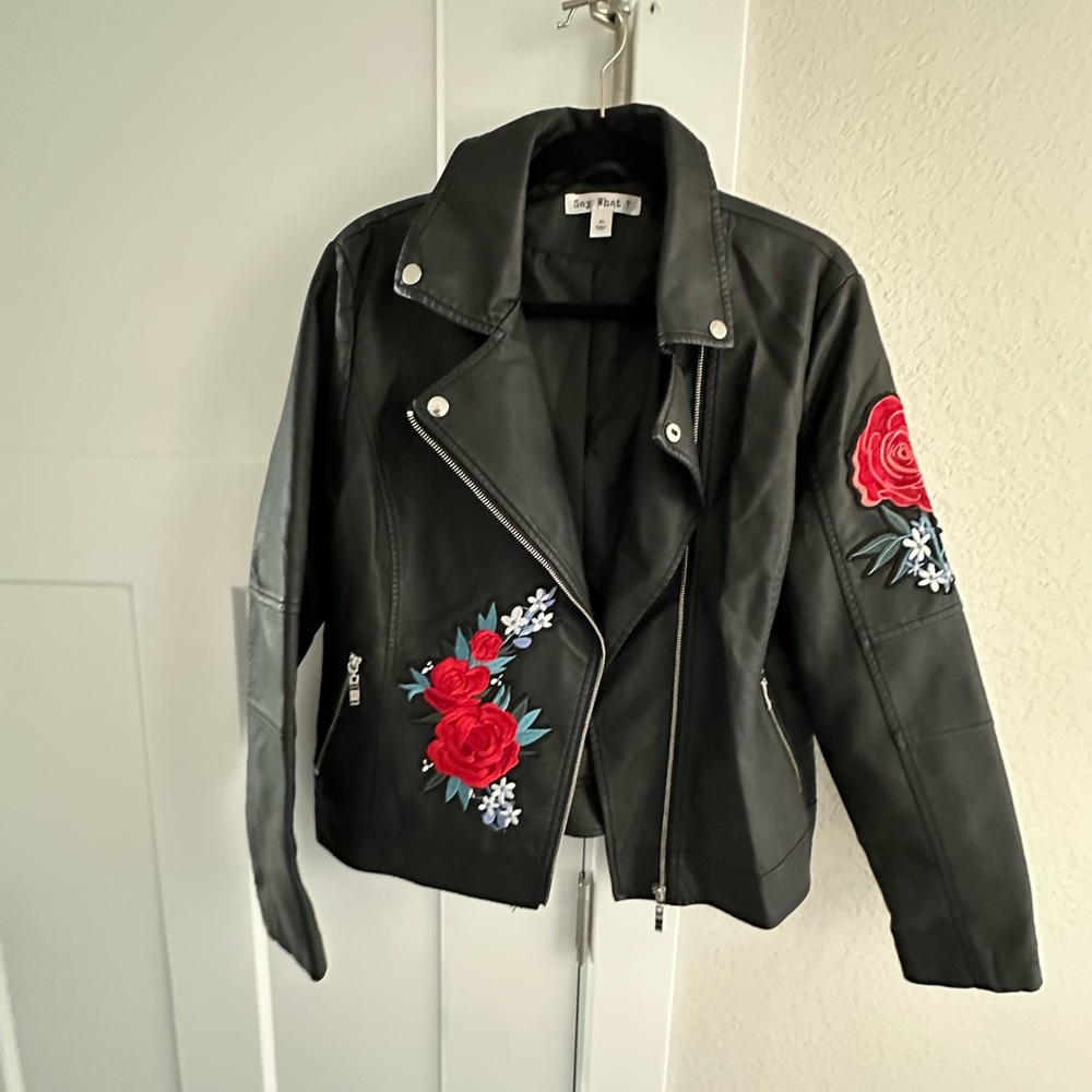 Faux leather women’s rose embroidered jacket